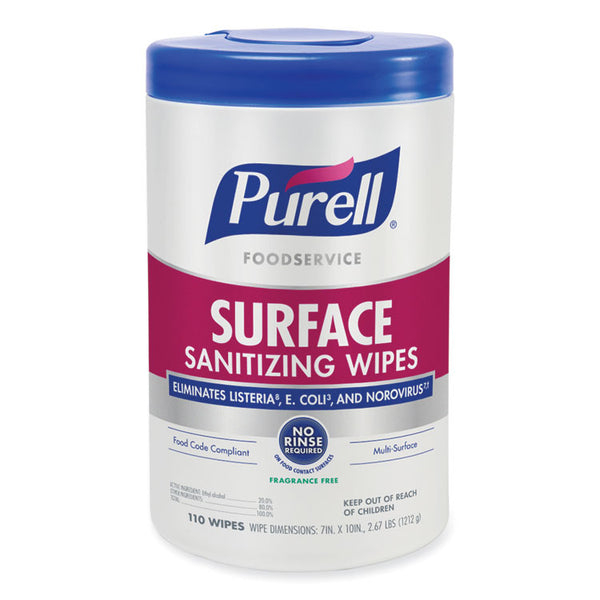 PURELL® Foodservice Surface Sanitizing Wipes, 1-Ply, 10 x 7, Fragrance-Free, White, 110/Canister, 6 Canisters/Carton (GOJ934106CT)