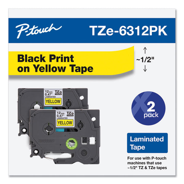 Brother P-Touch® TZe Standard Adhesive Laminated Labeling Tape, 0.47" x 26.2 ft, Black on Yellow, 2/Pack (BRTTZE6312PK)