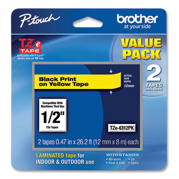 Brother P-Touch® TZe Standard Adhesive Laminated Labeling Tape, 0.47" x 26.2 ft, Black on Yellow, 2/Pack (BRTTZE6312PK)