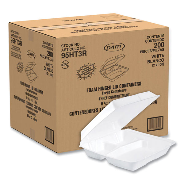 Dart® Foam Hinged Lid Containers, 3-Compartment, 9.25 x 9.5 x 3, White, 200/Carton (DCC95HT3R)