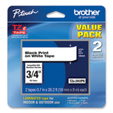 Brother P-Touch® TZe Standard Adhesive Laminated Labeling Tape, 0.7" x 26.2 ft, Black on White, 2/Pack (BRTTZE2412PK)