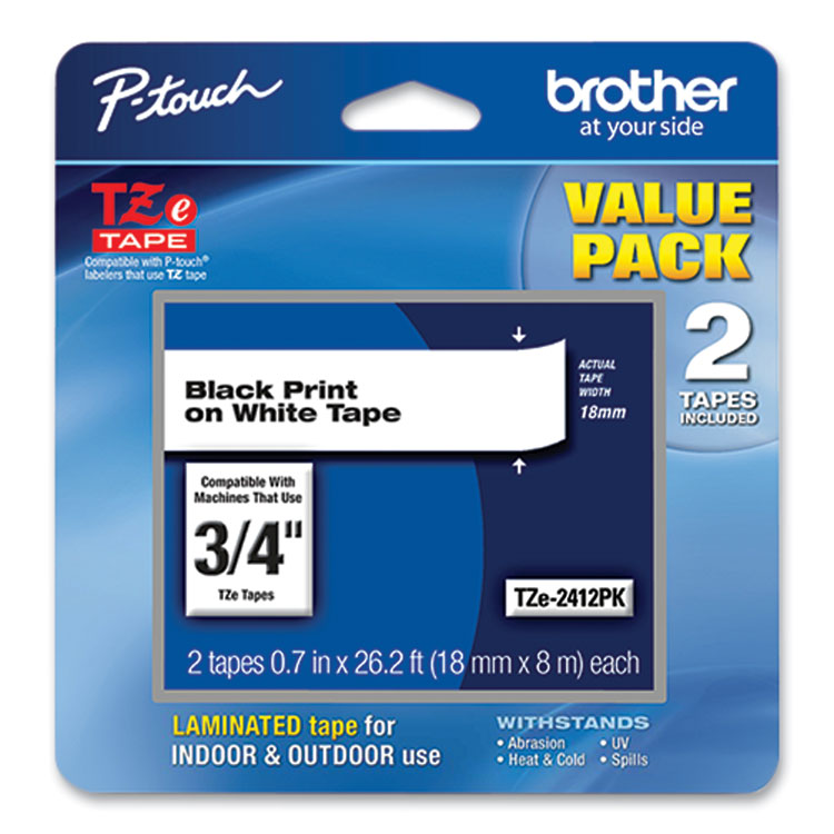 Brother P-Touch® TZe Standard Adhesive Laminated Labeling Tape, 0.7" x 26.2 ft, Black on White, 2/Pack (BRTTZE2412PK)