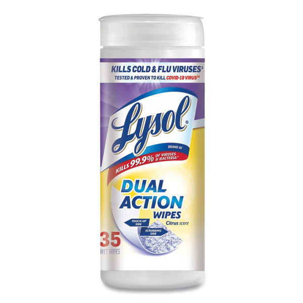 LYSOL® Brand Dual Action Disinfecting Wipes, 1-Ply, 7 x 7.5, Citrus, White/Purple, 35/Canister, 12 Canisters/Carton (RAC81143CT)