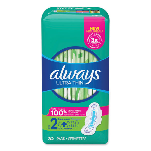 Always® Ultra Thin Pads with Wings, Size 2, Long, Super Absorbent, 32/Pack, 3 Packs/Carton (PGC97020)