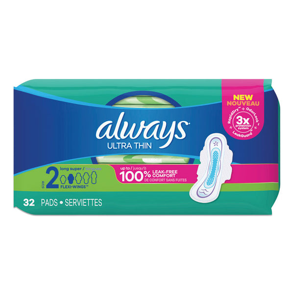 Always® Ultra Thin Pads with Wings, Size 2, Long, Super Absorbent, 32/Pack (PGC97020PK)