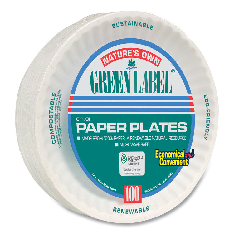 AJM Packaging Corporation White Paper Plates, 6" dia, 100/Pack, 10 Packs/Carton (AJMPP6GREWH)