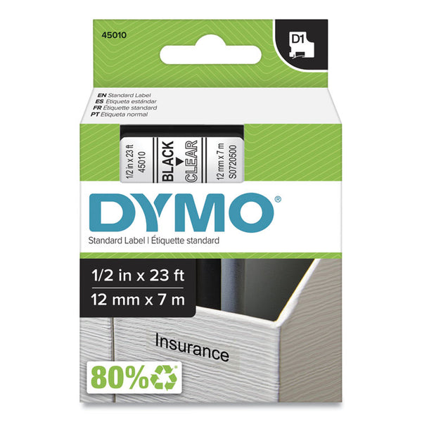 DYMO® D1 High-Performance Polyester Removable Label Tape, 0.5" x 23 ft, Black on Clear (DYM45010)