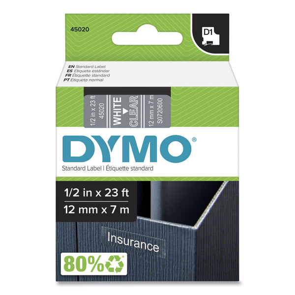 DYMO D1 High-Performance Polyester Removable Label Tape, 0.5" x 23 ft, White on Clear (DYM45020) Each