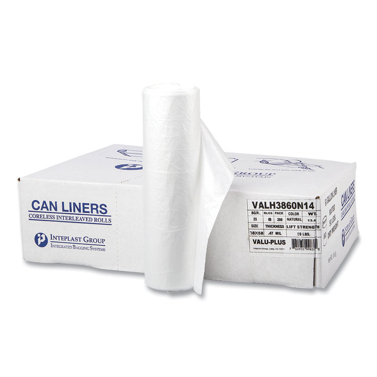 Inteplast Group High-Density Commercial Can Liners Value Pack, 60 gal, 12 microns, 38" x 58", Clear, 25 Bags/Roll, 8 Rolls/Carton (IBSVALH3860N14) 8 Rolls