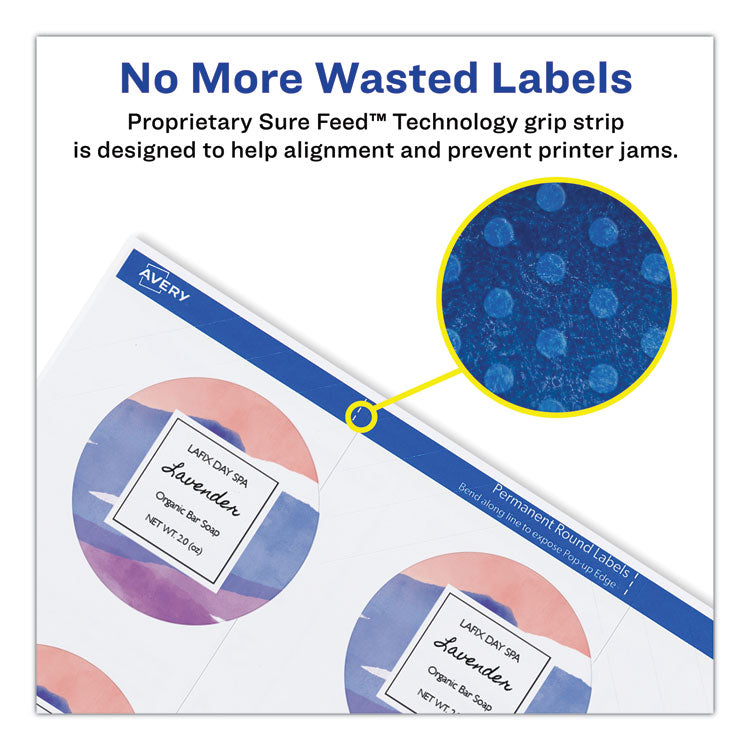 Avery® Round Print-to-the Edge Labels with SureFeed and EasyPeel, 2" dia, Matte White, 300/Pack (AVE22877) Pack of 300