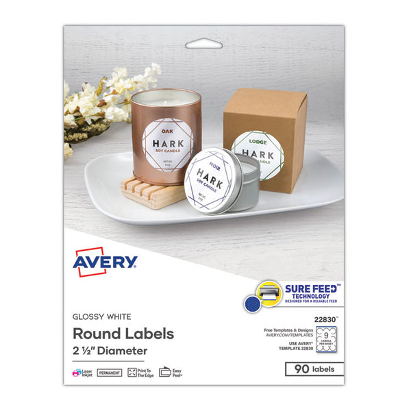 Avery® Round Print-to-the Edge Labels with SureFeed, 2.5" dia, Glossy White, 90/PK (AVE22830)