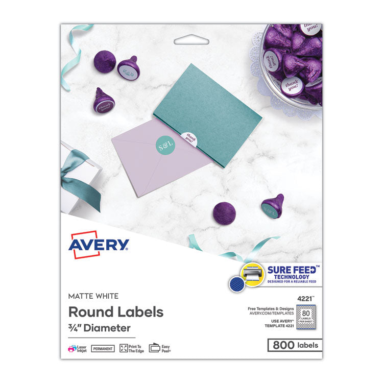 Avery® Printable Self-Adhesive Permanent ID Labels w/Sure Feed, 0.75" dia, White 800/PK (AVE4221)