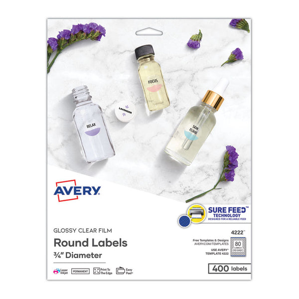 Avery® Printable Self-Adhesive Permanent ID Labels w/Sure Feed, 0.75" dia, Clear, 400/PK (AVE4222)