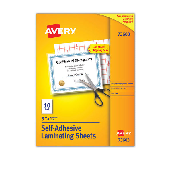 Avery® Clear Self-Adhesive Laminating Sheets, 3 mil, 9" x 12", Matte Clear, 10/Pack (AVE73603)