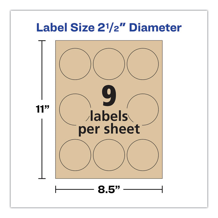 Avery® Round Brown Kraft Print-to-the-Edge Labels, 2.5" dia, 225/PK (AVE22808) Pack of 225