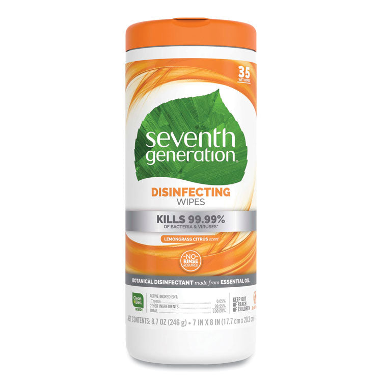 Seventh Generation® Botanical Disinfecting Wipes, 7 x 8, Lemongrass Citrus, White, 35 Wipes (SEV22812EA)