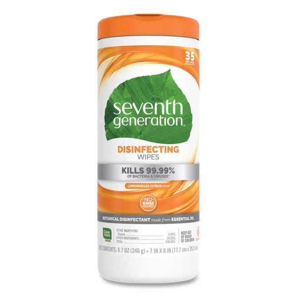 Seventh Generation® Botanical Disinfecting Wipes, 8 x 7, Lemongrass Citrus, White, 35 Count, 12/Carton (SEV22812)