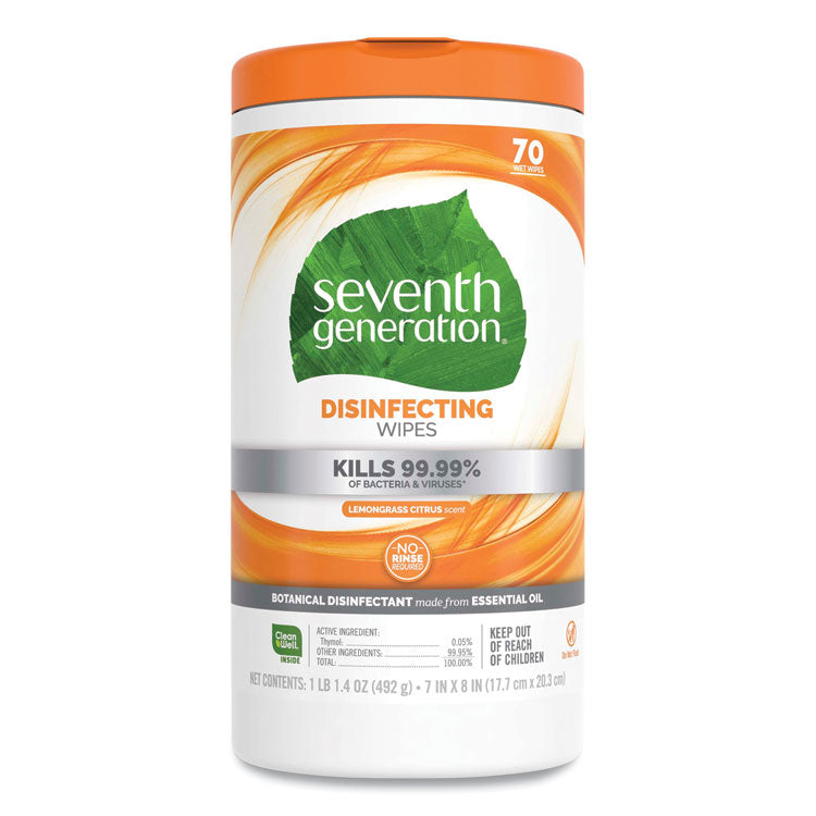 Seventh Generation® Botanical Disinfecting Wipes, 7 x 8, Lemongrass Citrus, 70 Count, 6/Carton (SEV22813CT) 6 canisters of 70 wipes