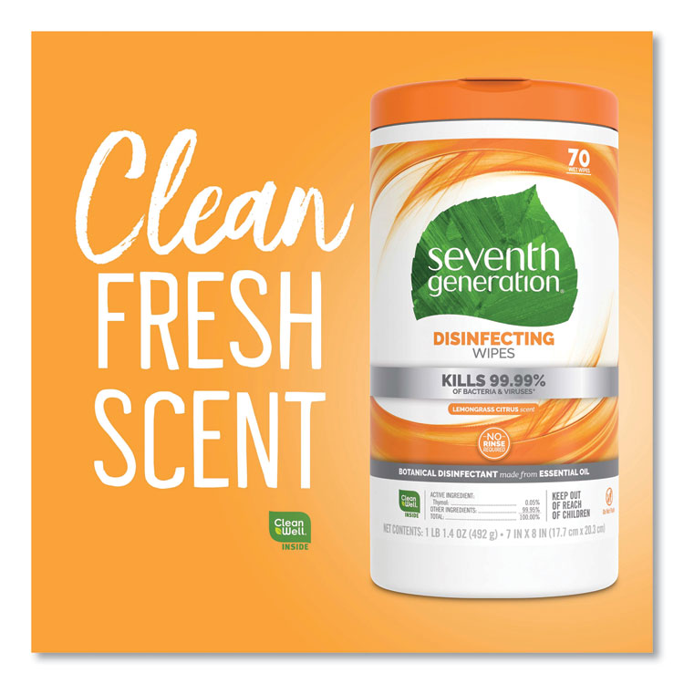 Seventh Generation® Botanical Disinfecting Wipes, 7 x 8, Lemongrass Citrus, 70 Count, 6/Carton (SEV22813CT) 6 canisters of 70 wipes