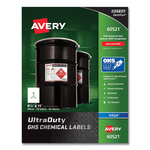 Avery® UltraDuty GHS Chemical Waterproof and UV Resistant Labels, 8.5 x 11, White, 50/Pack (AVE60521)