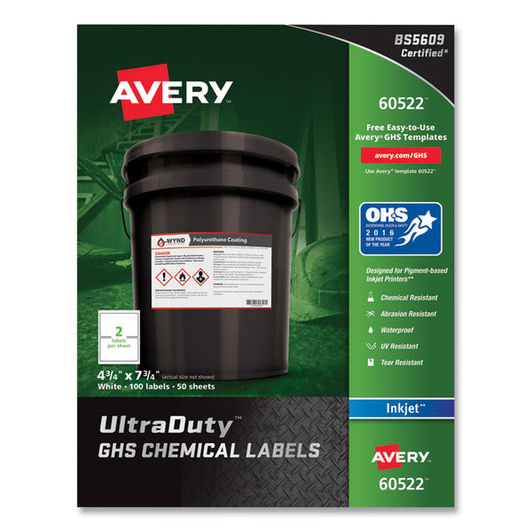 Avery® UltraDuty GHS Chemical Waterproof and UV Resistant Labels, 4.75 x 7.75, White, 2/Sheet, 50 Sheets/Pack (AVE60522)