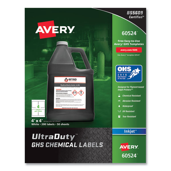 Avery® UltraDuty GHS Chemical Waterproof and UV Resistant Labels, 4 x 4, White, 4/Sheet, 50 Sheets/Pack (AVE60524)