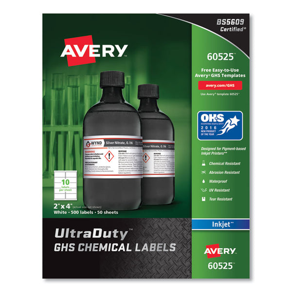 Avery® UltraDuty GHS Chemical Waterproof and UV Resistant Labels, 2 x 4, White, 10/Sheet, 50 Sheets/Pack (AVE60525)