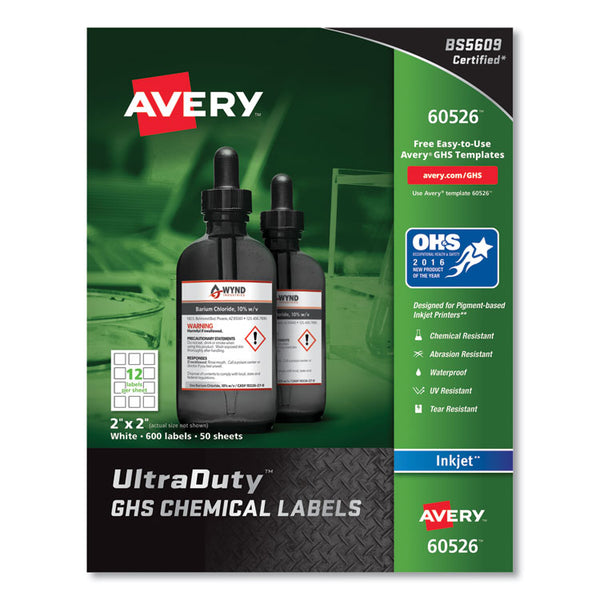 Avery® UltraDuty GHS Chemical Waterproof and UV Resistant Labels, 2 x 2, White, 12/Sheet, 50 Sheets/Pack (AVE60526)
