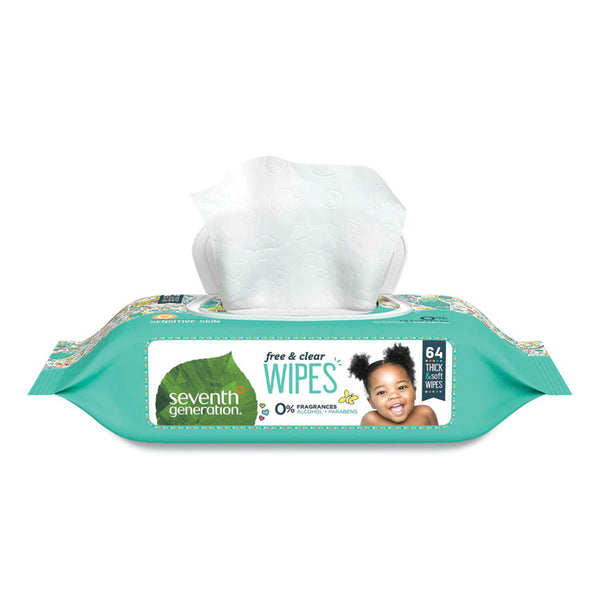 Seventh Generation® Free and Clear Baby Wipes, 7 x 7, Unscented, White, 64/Flip Top Pack, 12 Packs/Carton (SEV34208CT)
