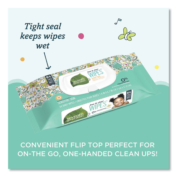 Seventh Generation® Free and Clear Baby Wipes, 7 x 7, Unscented, White, 64/Flip-Top Pack (SEV34208)