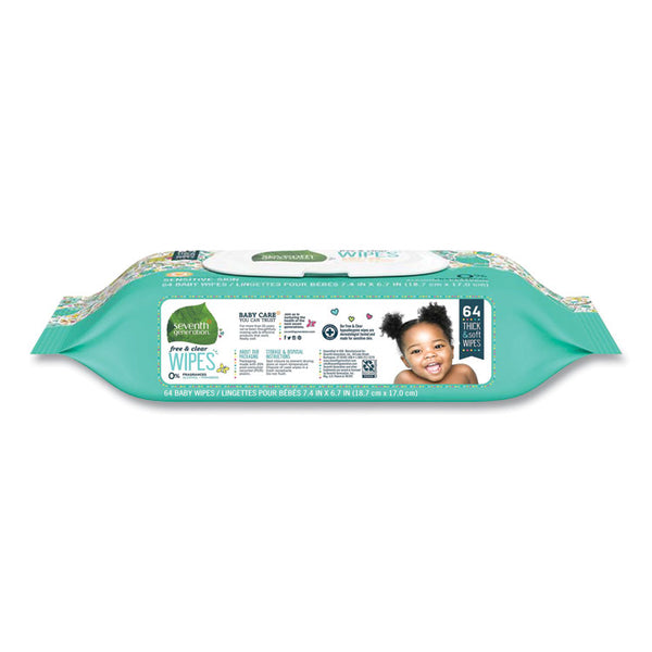 Seventh Generation® Free and Clear Baby Wipes, 7 x 7, Unscented, White, 64/Flip-Top Pack (SEV34208)