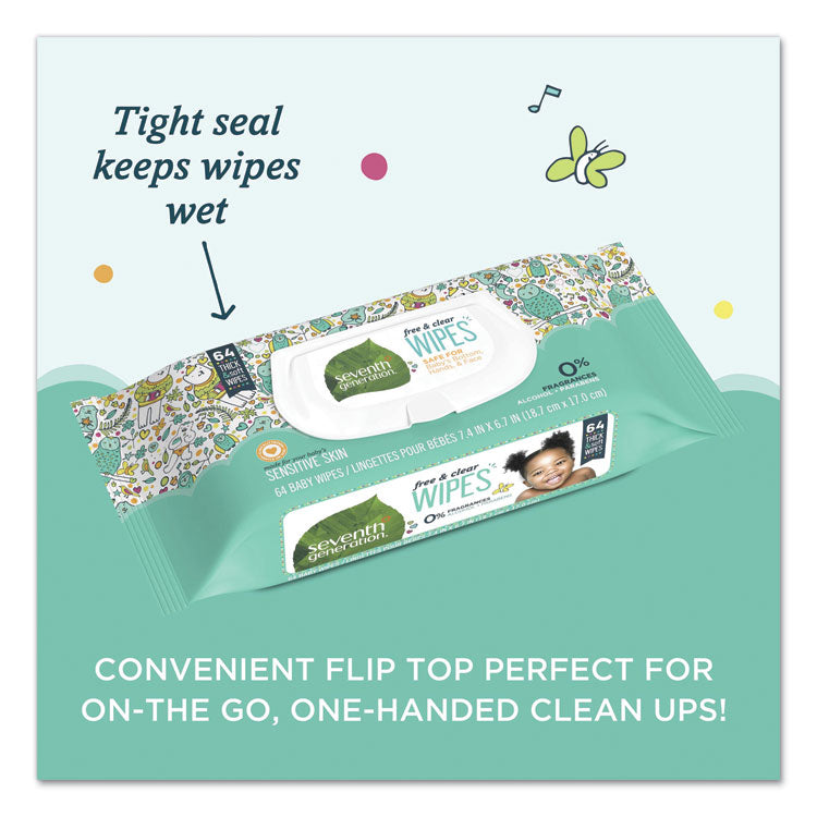 Seventh Generation® Free and Clear Baby Wipes, 7 x 7, Unscented, White, 64/Flip Top Pack, 12 Packs/Carton (SEV34208CT) 12 Packs