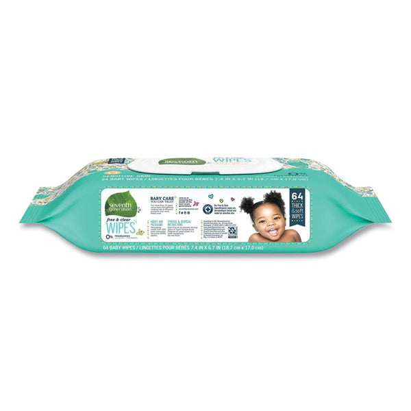 Seventh Generation® Free and Clear Baby Wipes, 7 x 7, Unscented, White, 64/Flip Top Pack, 12 Packs/Carton (SEV34208CT)