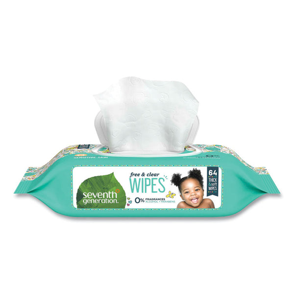 Seventh Generation® Free and Clear Baby Wipes, 7 x 7, Unscented, White, 64/Flip-Top Pack (SEV34208)