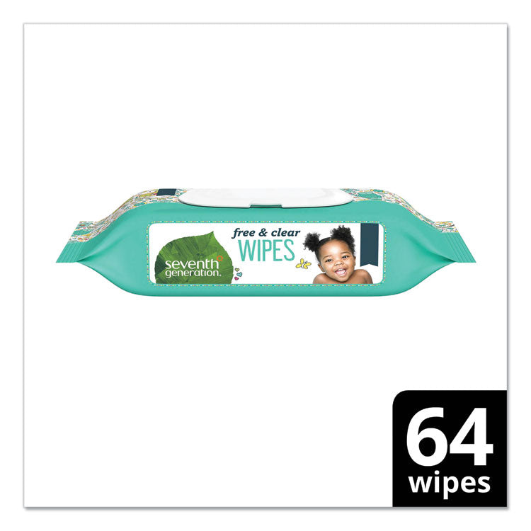 Seventh Generation® Free and Clear Baby Wipes, 7 x 7, Unscented, White, 64/Flip-Top Pack (SEV34208)