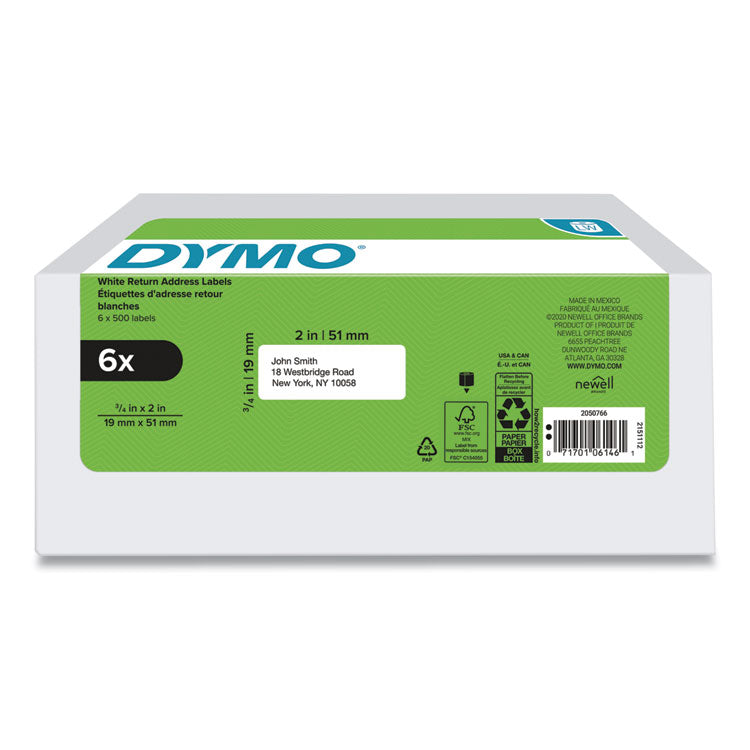 DYMO® LW Address Labels, 0.75" x 2", White, 500 Labels/Roll, 6 Rolls/Pack (DYM2050766)