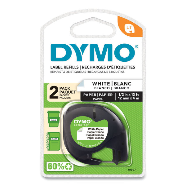 DYMO® LetraTag Paper Label Tape Cassettes, 0.5" x 13 ft, White, 2/Pack (DYM10697)