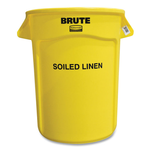 Rubbermaid® Commercial Vented Round Brute Container, "Soiled Linen" Imprint, 32 gal, Plastic, Yellow (RCP263294YEL)