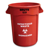 Rubbermaid® Commercial Vented Round Brute Container, "Infectious Waste: Biohazard" Imprint, 32 gal, Plastic, Red (RCP263294RED) Each