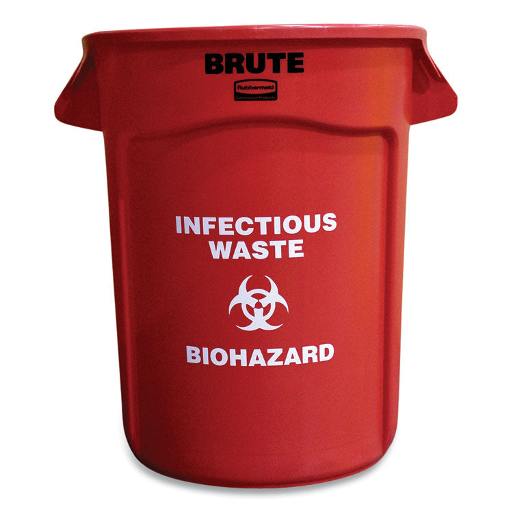 Rubbermaid® Commercial Vented Round Brute Container, "Infectious Waste: Biohazard" Imprint, 32 gal, Plastic, Red (RCP263294RED) Each