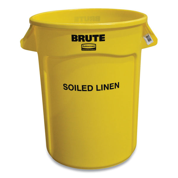 Rubbermaid® Commercial Vented Round Brute Container, "Soiled Linen" Imprint, 32 gal, Plastic, Yellow (RCP263294YEL)