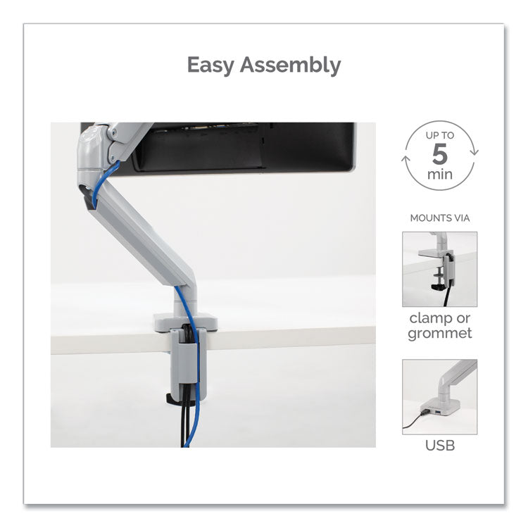 Fellowes® Platinum Series Single Monitor Arm, For 27" Monitors, 360 deg Rotation, 45 deg Tilt, 180 deg Pan, Silver, Supports 20 lb (FEL8056401) Each
