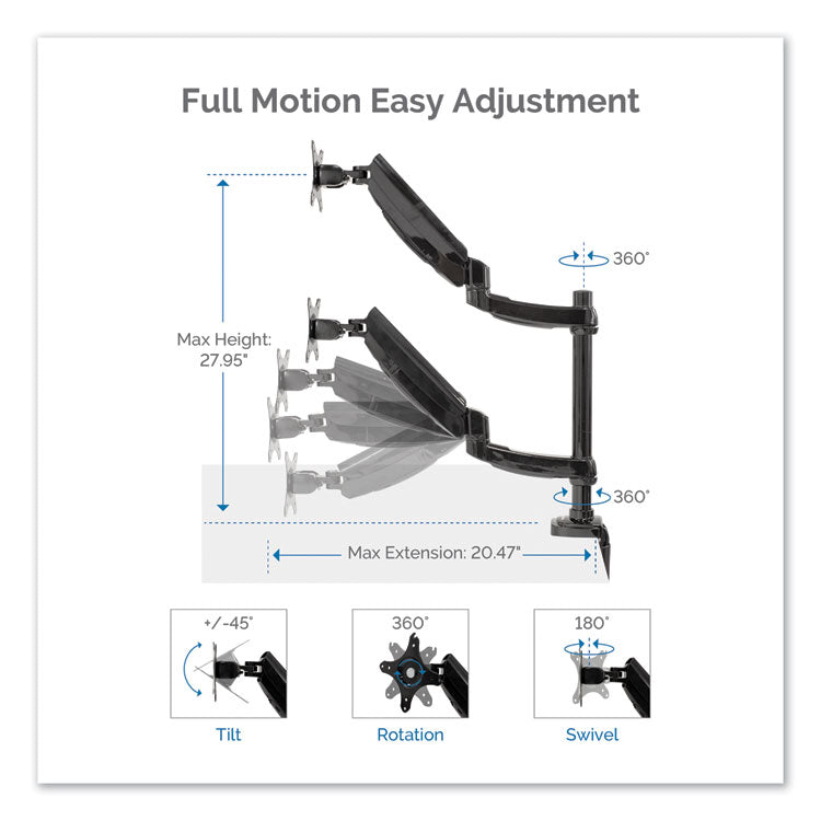 Fellowes® Platinum Series Dual Stacking Arm for 27" Monitors, 360 deg Rotation, 180 deg Tilt, 360 deg Pan, Black, Supports 22 lb (FEL8043401)