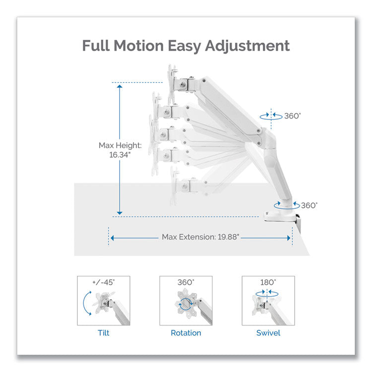 Fellowes® Platinum Series Dual Monitor Arm, For 27" Monitors, 360 deg Rotation, 45 deg Tilt, 180 deg Pan, White, Supports 20 lb (FEL8056301)