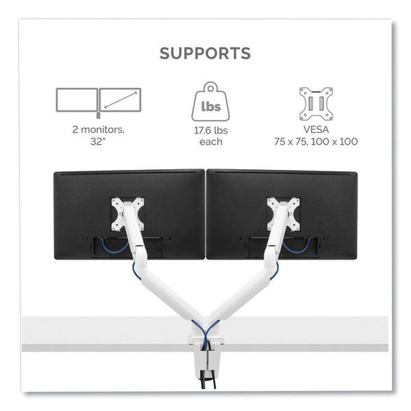 Fellowes® Platinum Series Dual Monitor Arm, For 27" Monitors, 360 deg Rotation, 45 deg Tilt, 180 deg Pan, White, Supports 20 lb (FEL8056301)