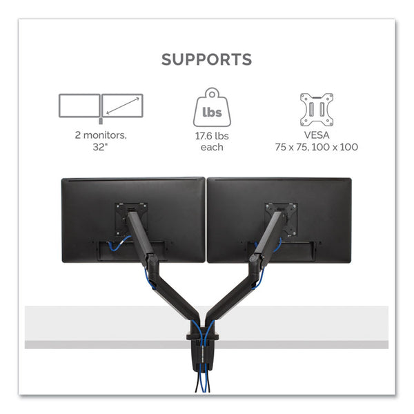 Fellowes® Platinum Series Dual Monitor Arm for 27" Monitors, 360 deg Rotation, +85 deg/-20 deg Tilt, 360 deg Pan, Black, Supports 20 lb (FEL8042501)