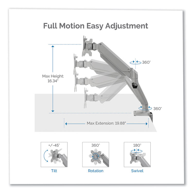 Fellowes® Platinum Series Single Monitor Arm, For 27" Monitors, 360 deg Rotation, 45 deg Tilt, 180 deg Pan, Silver, Supports 20 lb (FEL8056401) Each