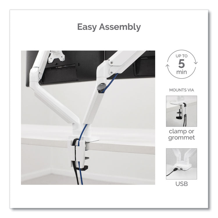 Fellowes® Platinum Series Dual Monitor Arm, For 27" Monitors, 360 deg Rotation, 45 deg Tilt, 180 deg Pan, White, Supports 20 lb (FEL8056301)