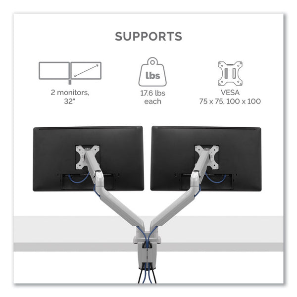 Fellowes® Platinum Series Dual Monitor Arm, For 27" Monitors, 360 deg Rotation, 45 deg Tilt, 180 deg Pan, Silver, Supports 20 lb (FEL8056501)