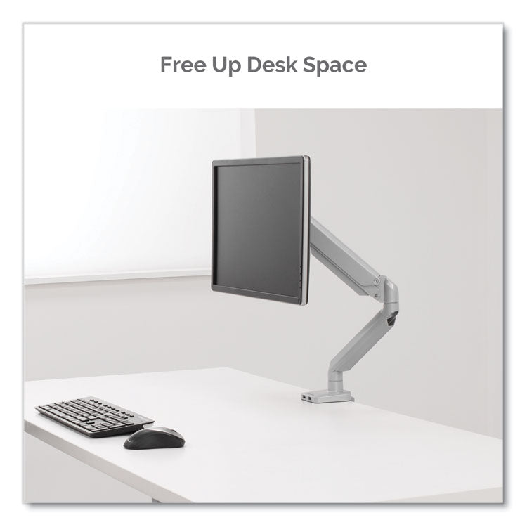 Fellowes® Platinum Series Single Monitor Arm, For 27" Monitors, 360 deg Rotation, 45 deg Tilt, 180 deg Pan, Silver, Supports 20 lb (FEL8056401) Each